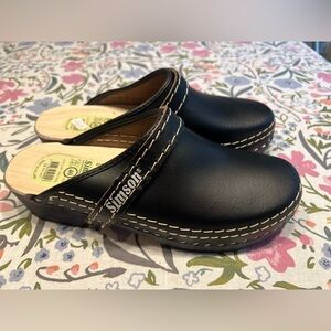 Simson Black Leather Wood Sole Clog Women Size 40/ US 9.5 New